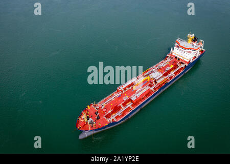 Chemical and oil products tanker anchored at the Port of Montreal in the St. Lawrence River. Stock Photo