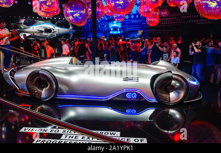 FRANKFURT - SEP 15, 2019: Mercedes-Benz Vision EQ Silver Arrow -  futuristic design premiere of concept design for luxury electric sports car Stock Photo