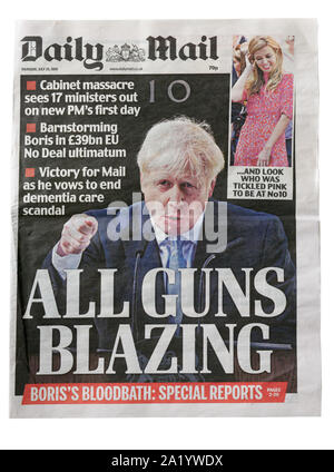 The front page of the Daily Mail from July 25 2019 with the headline All Gins Blazing about Boris Johnsons election to PM Stock Photo