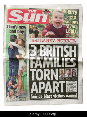The front page of the The Sun from April 23 2019 with the headline Families Torn Apart, about the Easter bombings in Sri Lanka Stock Photo