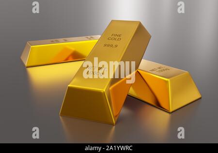 Three shiny gold ingots or bars over silver metallic background - precious metal or money investment concept, 3D illustration Stock Photo