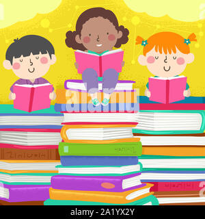 Illustration of Kids Reading Books and Sitting on Top of Stacks of Books Stock Photo