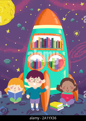 Illustration of Kids Reading Books in an Outer Space Themed Library Stock Photo