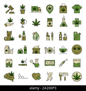 Marijuana icons. Set of medical cannabis icons. Drug consumption. Marijuana Legalization. Isolated vector illustration on white background. Stock Vector