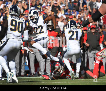 Los Angeles, United States. 29th Sep, 2019. Los Angeles Rams cornerback Marcus Peters (22) pulls away from Tampa Bay Buccaneers receiver Bobo Wilson(85) during his 4th quarter interception for a 32 yard touchdown at the Los Angeles Memorial Coliseum in Los Angeles, California on Sunday, September 29, 2019. The Buccaneers upset the Rams 55-40. Photo by Jon SooHoo/UPI Credit: UPI/Alamy Live News Stock Photo