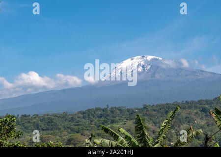 Snowcapped Mount Kilimanjaro with blue sky in background. Stock Photo