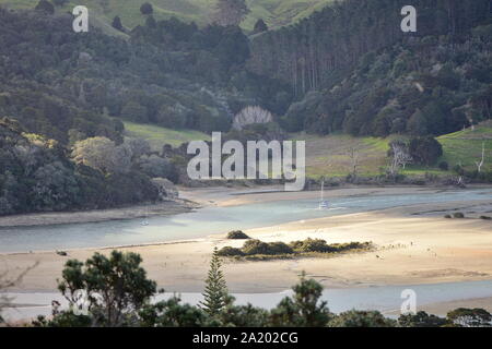 Puhoi River estuary at low tide showing exposed mud flats with mangroves and channels with moored sailboats. Stock Photo