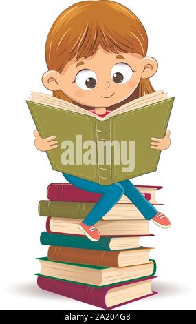 Little girl with a book in her hands. A girl is reading a book. Girl sitting on a stack of books. Stock Vector