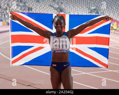 Doha, Qatar. 29th Sep, 2019. Dina Asher-Smith wins 100m silver medal during the IAAF World Championships at Khalifa International Stadium in Doha. Credit: SOPA Images Limited/Alamy Live News Stock Photo