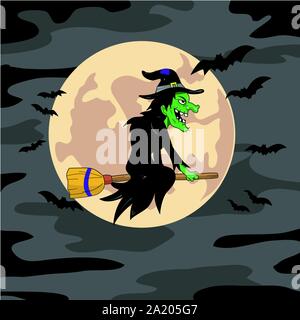 A cartoon witch flying on a broomstick Stock Vector
