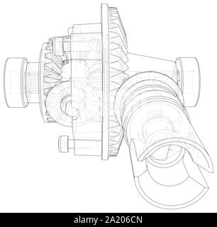 Outline gearbox. Vector rendering of 3d. Wire-frame style. The layers of visible and invisible lines are separated. Stock Vector