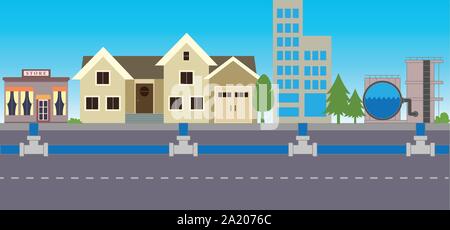 Water supply pipes and water treatment and purification plant in a town Stock Vector