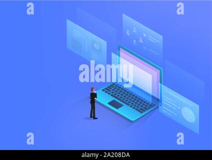 Businessman looking data analysis charts, graphs on laptop computer screen and thinking. Vector illustration isometric 3d style with business decision Stock Vector