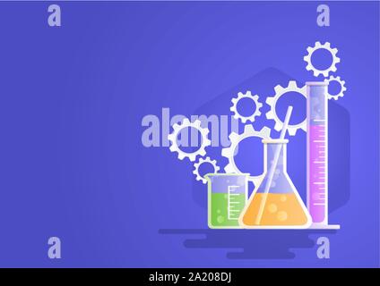 Laboratory glassware instruments, beaker, flask, equipment for chemical lab with gears symbol.  Vector illustration flat style for science, industry, Stock Vector