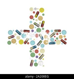 Cross shape with tablets. Medical design. Vector illustration. Stock Vector