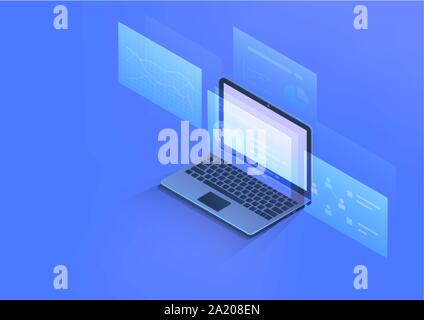 Isometric labtop, 3d computer notebook with data analysis charts, graphs on screen. Vector illustration bussiness technology concept. Stock Vector
