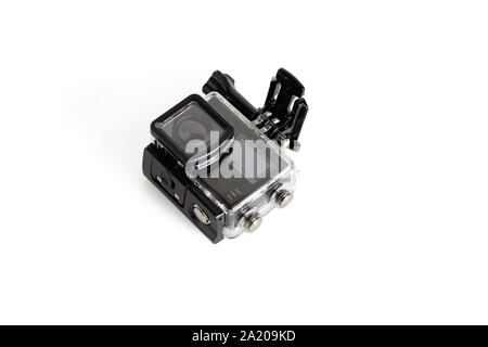 Compact photo camera in the underwater box.Isolated on white background. Stock Photo