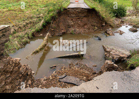 Turriff, King Edward area, Aberdeenshire, UK. 29th Sep, 2019. UK. This is a view of one of the destroyed road bridges caused by dramatic flash flooding in the area of Banff and Turriff on 28 September 2019. - Credit: JASPERIMAGE/Alamy Live News Stock Photo