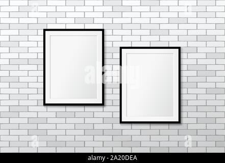 Two modern frames on white brick wall. Mock up Stock Vector