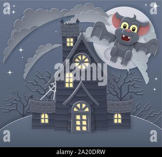 Halloween Haunted House and Bat Cartoon Scene Stock Vector