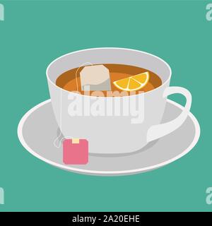 Cup with black tea and lemon in flat design. Vector Illustration Stock Vector