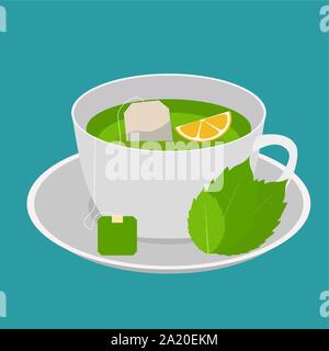 Cup with green mint tea and lemon in flat design. Vector Illustration Stock Vector