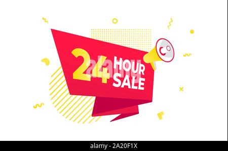 24 hour sale countdown ribbon badge icon sign with big red ribbon, megaphone and abstract elements behind isolated on white background. Stock Vector