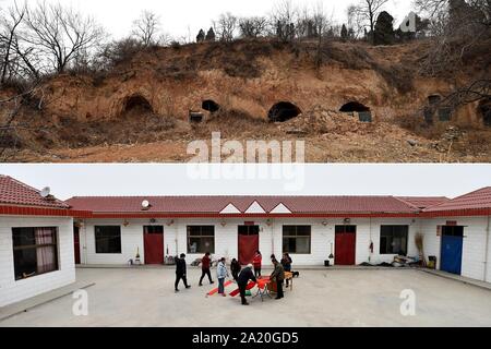 (190930) -- BEIJING, Sept. 30, 2019 (Xinhua) -- This combination photo shows abandoned cave dwellings in Shibaping Village near Zhangcailing Village (Top) and the 'Home of Happiness' poverty-alleviation settlement in Zhangcailing Village of Yangyu Township, Wenxi County, north China's Shanxi Province (Bottom) on Jan. 27, 2019). (Xinhua/Zhan Yan) Stock Photo