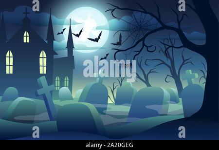 Halloween background with scary castle, pumpkins, bats and big moon Stock Vector