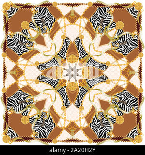 Trendy print with golden chains, belts and zebra. Seamless pattern with vintage elements. Women's fashion, Modern Scarf Collection for textile prints. Stock Photo