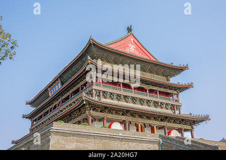 Editorial: XI'AN, SHAANXI, CHINA, April 11, 2019 - Looking up at the drum tower in Xi'an, seen from its entrance Stock Photo