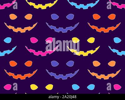 Multi-colored scary faces seamless pattern. Halloween holiday background for promotional materials, wrapping paper. Vector illustration Stock Vector