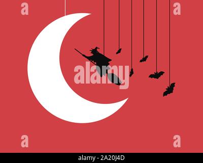 Happy Halloween, October 31st. Old witch on a broomstick in a hat, hanging bats and the moon. Vector illustration Stock Vector