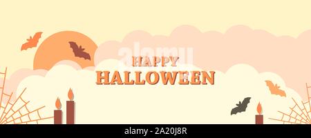 Happy Halloween, October 31st. Landscape with clouds and bats, cobwebs and lights. Festive greeting card, autumn color palette. Vector illustration Stock Vector