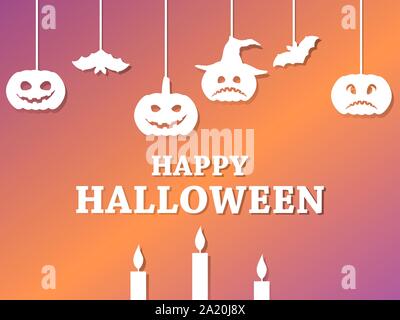 Happy Halloween, October 31st. Hanging pumpkins and bats on a gradient background. Holiday poster. Vector illustration Stock Vector