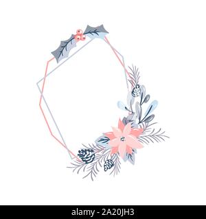 Vector geometric polygon frame with bouquet wreath. Christmas template for greeting card. Winter cones and pink flowers isolated on white background Stock Vector