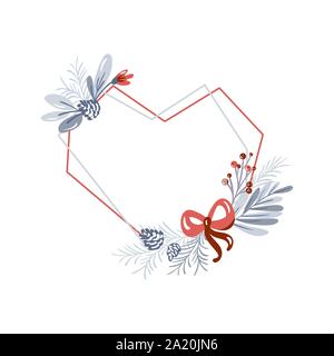 Vector geometric heart frame with bouquet wreath love. Christmas template for greeting card. Winter cones and pink flowers isolated on white Stock Vector