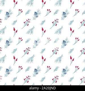 Vector Christmas seamless pattern of red berries, pine branch. Winter background design for fabric textile, web wall, greeting card Stock Vector