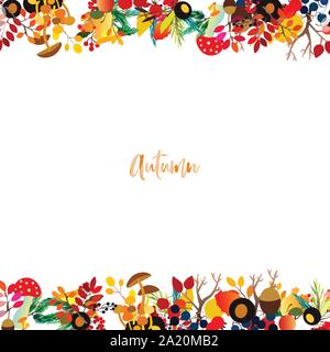 Autumn vector frame with berries, acorns, pine cone, mushrooms, branches and leaves. Stock Vector