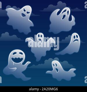 Set of ghosts with different emotions on sky with clouds Stock Vector