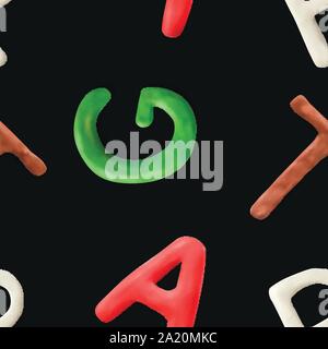 Seamless pattern with alphabet. Handmade modeling clay letters. Realistic 3d vector lettering background. Stock Vector