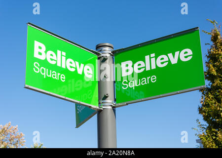 Believe Square sign, The Wiend, Wigan, Greater Manchester, England, United Kingdom Stock Photo