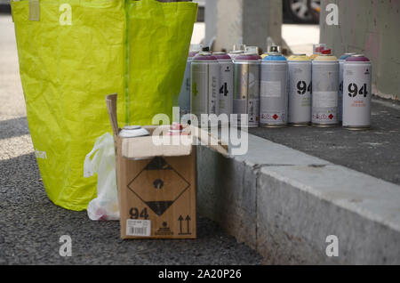 KHARKOV, UKRAINE - AUGUST 24, 2019: Montana mtn 94 and Kobra used spray cans for graffiti painting outdoors Stock Photo