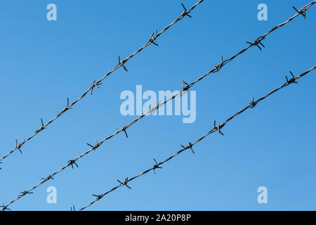Three threads of stretched barbed wire double strand type, zinc coated, on a clear blue sky background close-up Stock Photo