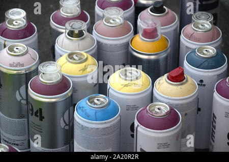 KHARKOV, UKRAINE - AUGUST 24, 2019: Montana mtn 94 and Kobra used spray cans for graffiti painting outdoors Stock Photo