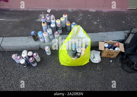 KHARKOV, UKRAINE - AUGUST 24, 2019: Montana mtn 94 and Kobra used spray cans for graffiti painting outdoors Stock Photo