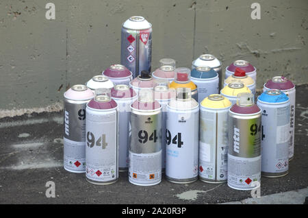 KHARKOV, UKRAINE - AUGUST 24, 2019: Montana mtn 94 and Kobra used spray cans for graffiti painting outdoors Stock Photo