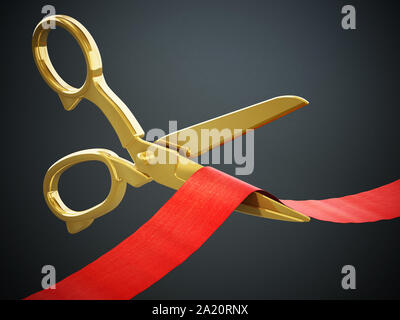 Golden scissors cutting red ribbon. 3D illustration. Stock Photo