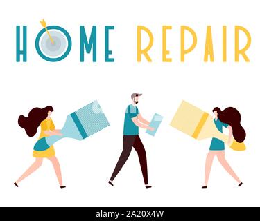 Vector illustration with people holding tools for painting works, home repair inscription. Painting, repair of premises. Building, construction, home Stock Vector