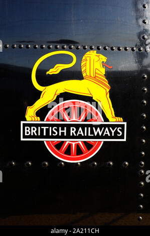 The old British Railways logo on the side of a steam locomotive Stock Photo